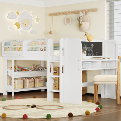 Solid Wood Loft Bed with Desk, Blackboard & Multi-Storage Bookcases, Drawers, and Boxes – Low Kids Loft Bed, No Box Spring