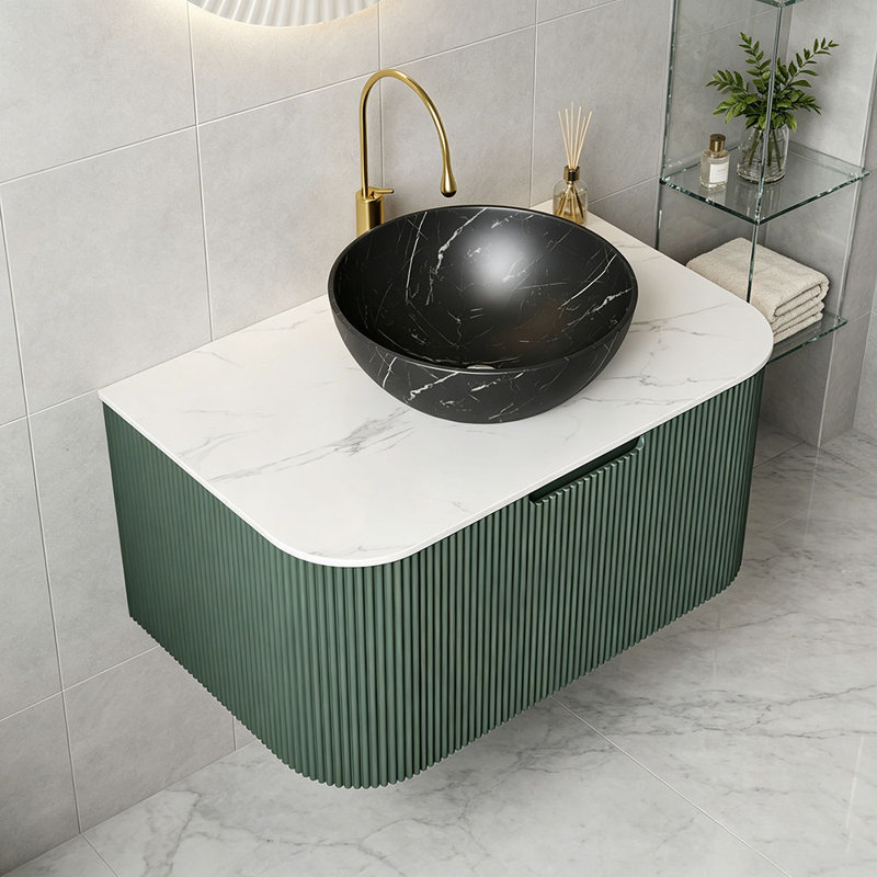 Meuble-lavabo 30 po, armoire de salle de bain en contreplaqué rayé à bords arrondis avec tiroir, vasque en céramique noir mat et plateau en pierre frittée, pré-assemblé