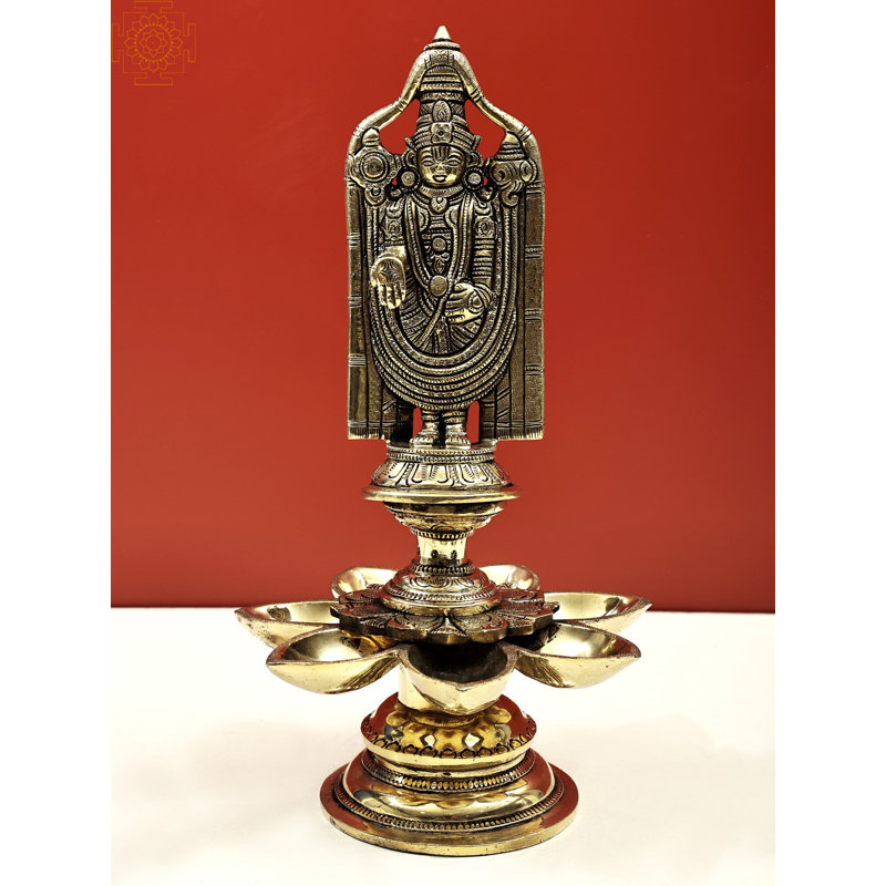13" Handmade Brass Lord Venkateshwara Balaji Lamp - Tirupati 7-Wick Ritual Diya, Auspicious Oil Lighting for Home Altars & Puja Rooms​