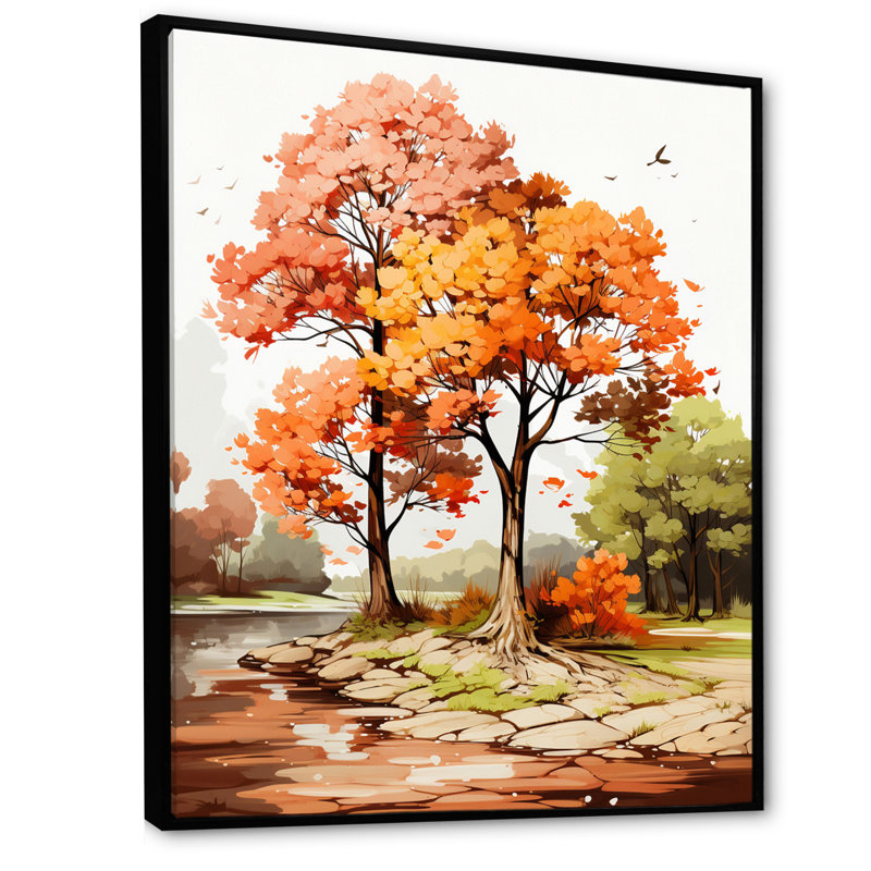" Two Orange Trees In Autum Watervolor ", 40" H x 30" W x 1.5" D, Black Floater Framed