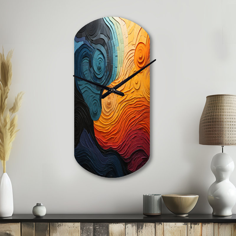 Horloge murale asymétrique orange, bleu sarcelle, Rhythic Illusion II, Petit