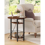Narrow Side Table With Power Outlet And Storage Basket, 3-Tier Slim End Table With Folding Top, Multi-Functional Accent Furniture For Living Room, Bedroom, Rustic Brown TBZ10UBF