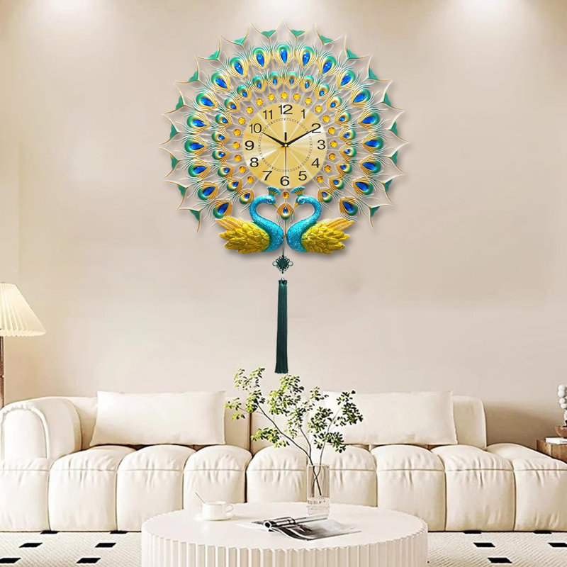 Horloge murale 28 po paon, métal cristal silencieux pour le bureau de la chambre à coucher