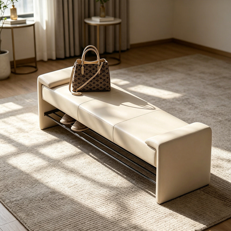 Italian Style Leather Solid Wood Shoe Bench, Beige