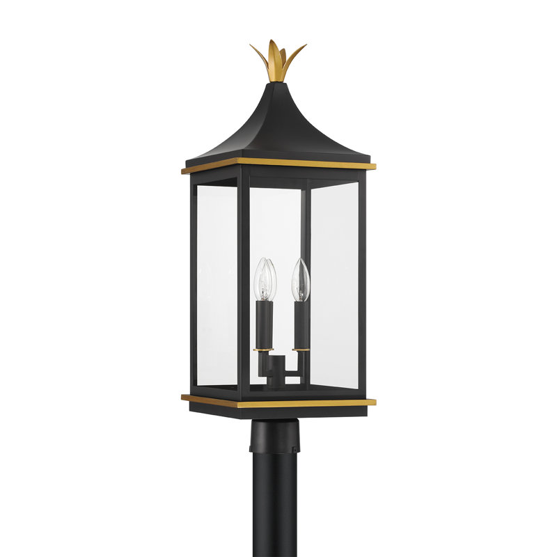 3 Light Matte Black + Textured Gold Outdoor Post