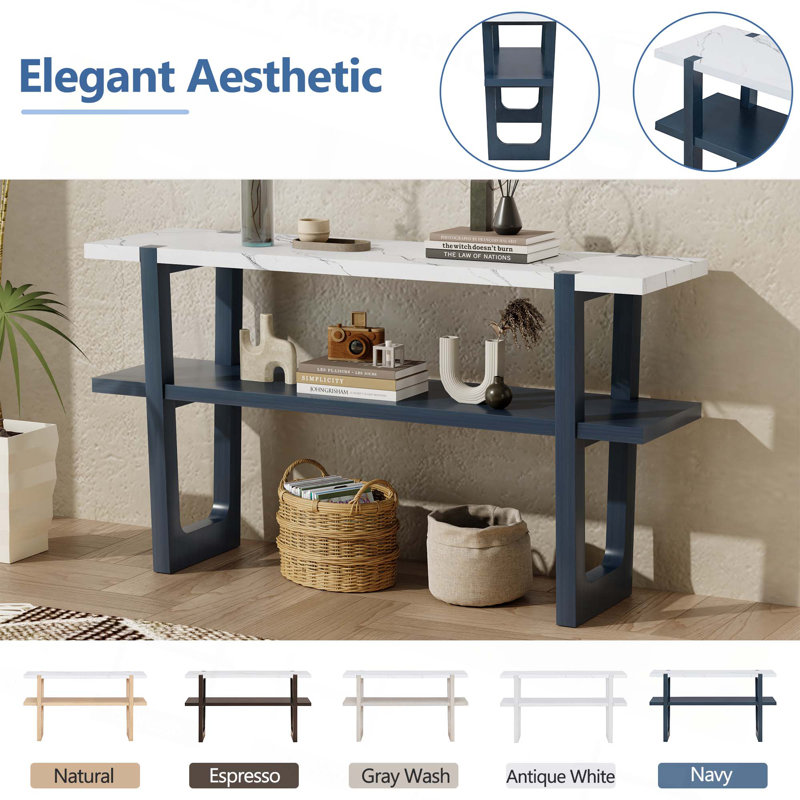 Narrow Console Table With Marble-Effect Top, Retro Entryway Table With Open Shelf, Sofa Table For Entryway, Hallway And Living Room