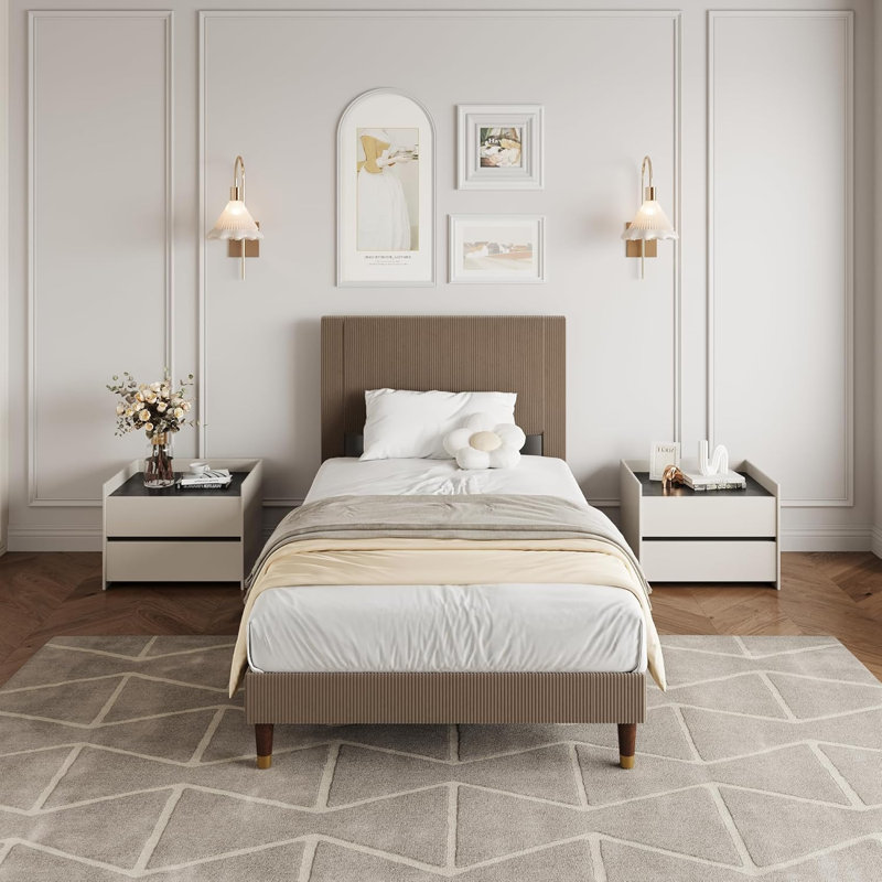 Twin Bed Frame – Corduroy Headboard, Wooden Slats, Brown, Compact for Apartments, Twin, Brown