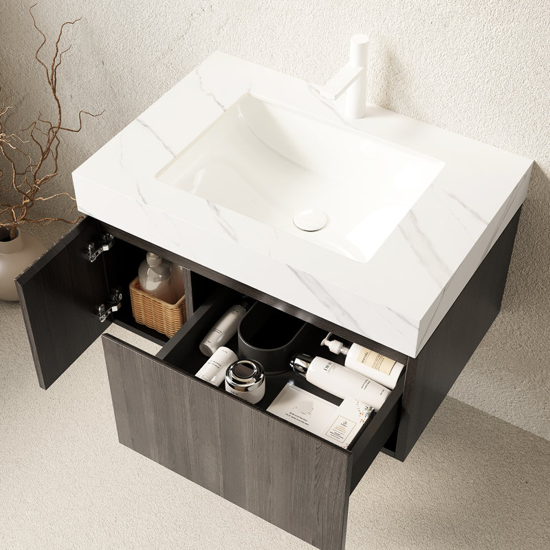 Meuble-lavabo flottant en contreplaqué flottant 30 po, comptoir en pierre frittée blanche, lavabo en céramique, tiroir et porte, rangement spacieux, meuble-lavabo pré-assemblé avec armoire de rangement, grand registre à fermeture en douceur