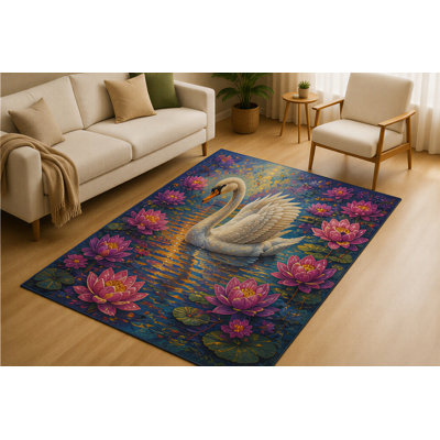 "Ultra Thin" 5' x 7' Swan Lotus Pond Area Rug for Living Room, Soft Low Pile Indoor Rug with Non-Slip Silicone Backing, Water Garden Decorative Carpet for Bedroom, Family Room, Blue Pink