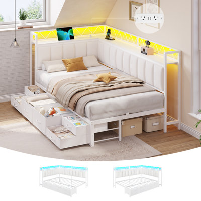 Twin Size Corner Bed Frame with 6 Storage Drawers and Shelve,L-shaped Daybed with Bookcase Headboard, Twin Bed with LED Light & Charging Station, Fabric Upholstered Fence,Beige