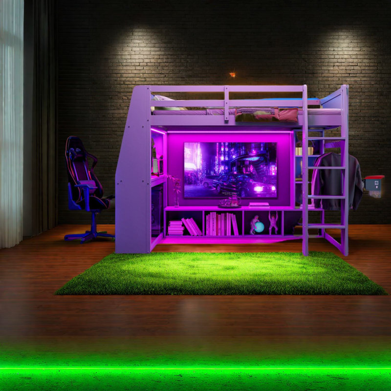 Lit mezzanine en bois compact avec rangement multifonctionnel et DEL, gris