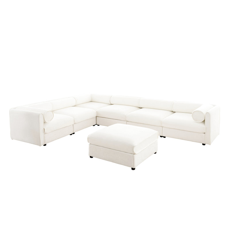 Canapé modulaire en chenille blanc - 6 places, avec rangement et cylindrique, Blanc