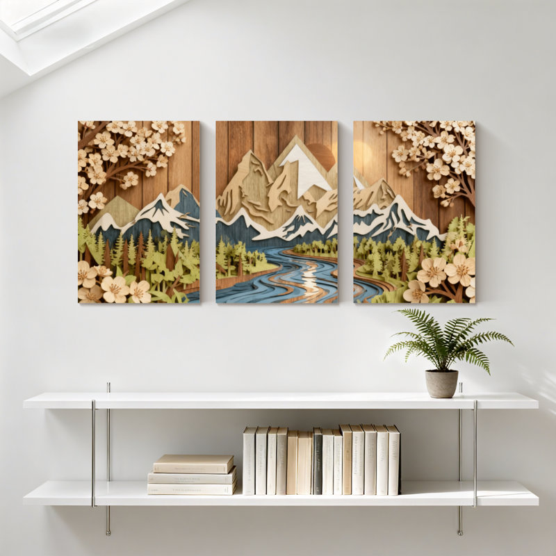 Paysage et nature, paysage de montagne avec fleurs de cerisier et rivière, ensemble de 3 impressions sur toile