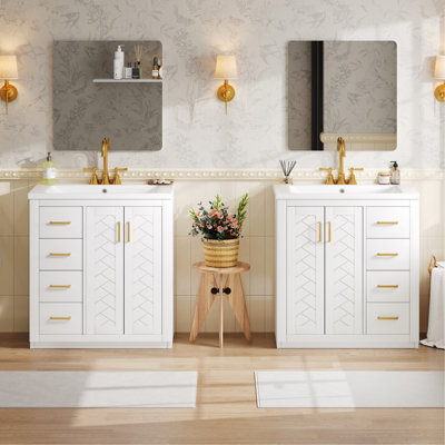 Ensemble de meuble-lavabo 60 po avec lavabo en céramique (séparé), armoire de rangement en bois massif, ensemble de meuble-lavabo autoportant avec tiroirs et portes à fermeture douce