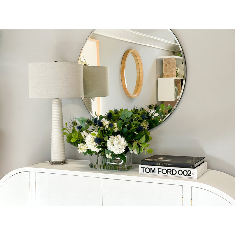 Hydrangea and Thistle Floral Arrangement in a Rectangular Glass Vase