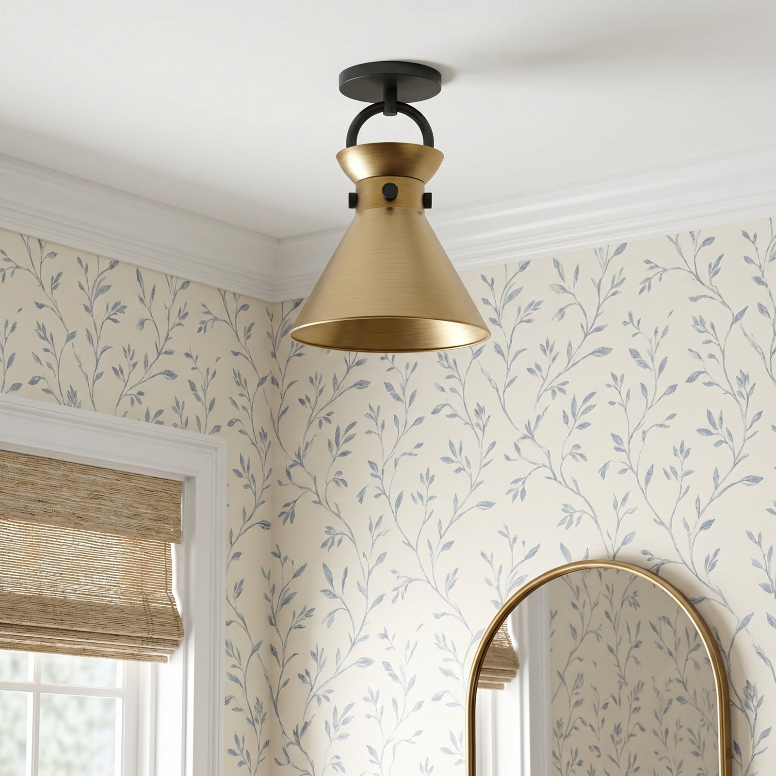 Tiney Single Light Metal Semi Flush Mount, Matte Black/Aged Gold