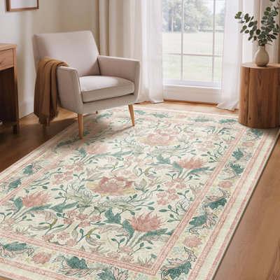 Bloom Floral Pink/Beige Non-Slip Machine-Washable Area Rug
