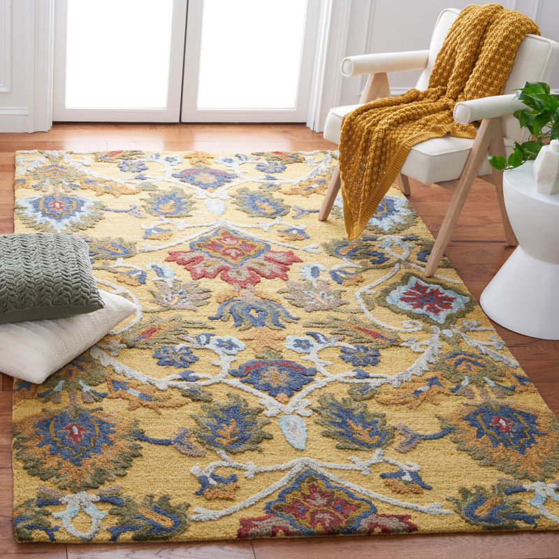 Tapis floral en laine touffeté à la main Haimes, Gold/Navy, Rectangle 6 pi x 9 pi