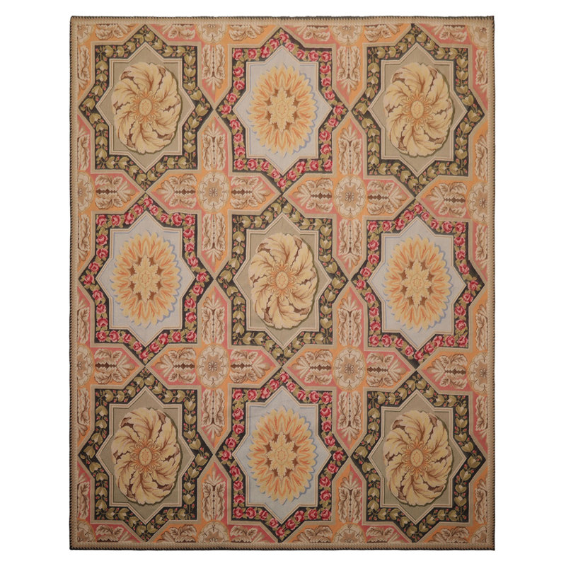 Tapis floral traditionnel en laine tissé à la main sauge 7 pi 7 po x 9 pi 8 po Aubusson