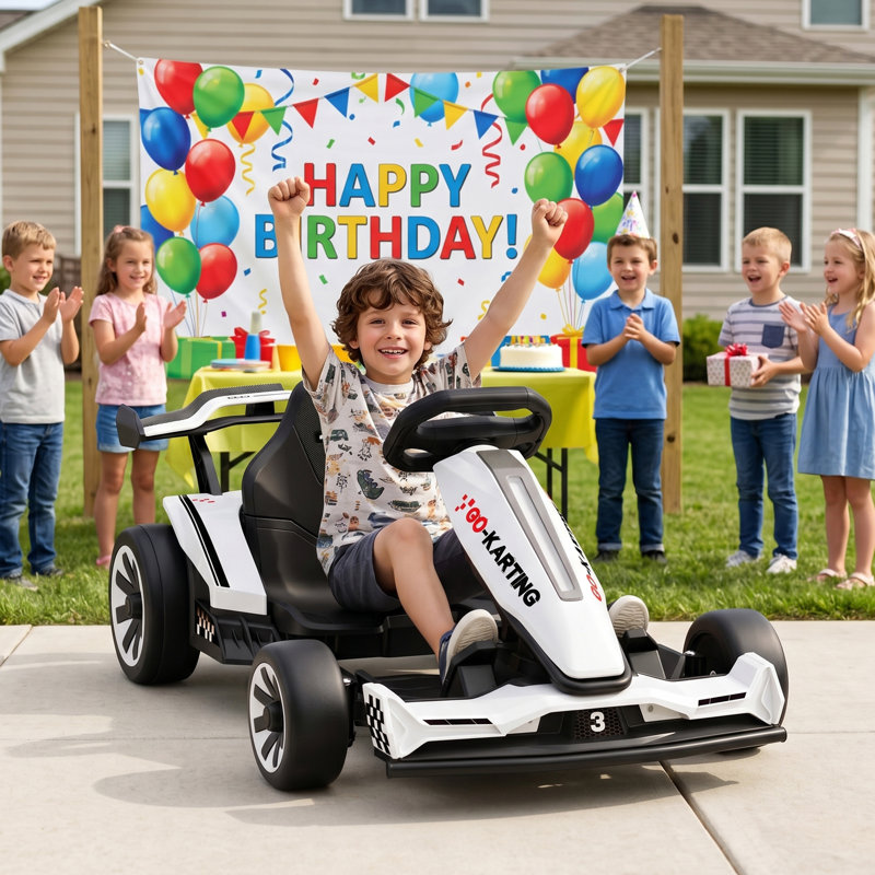 Kart électrique 24 V pour enfants avec cadre réglable, lumières RVB, 3-6,5 mi / h, Blanc