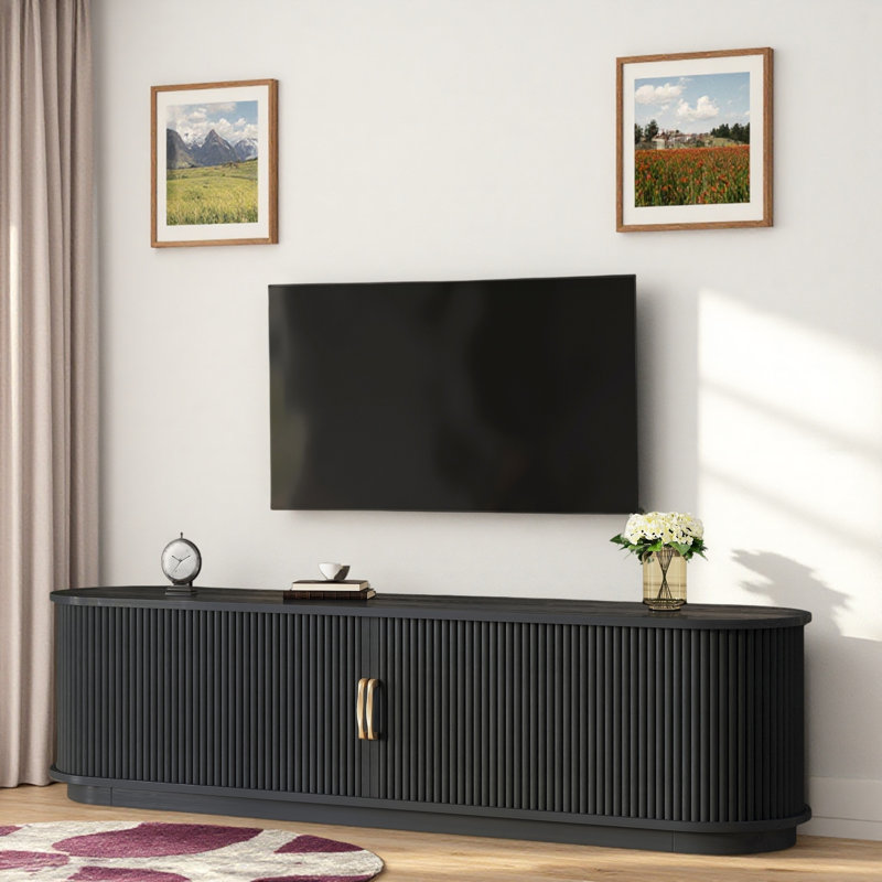 Meuble télé vintage rétro avec portes coulissantes en bois à lattes, tiroir, tablettes réglables et gestion des câbles, Noir