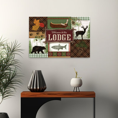 «Welcome To The Lodge», art abstrait, paysage contemporain, ours, cerf, poisson