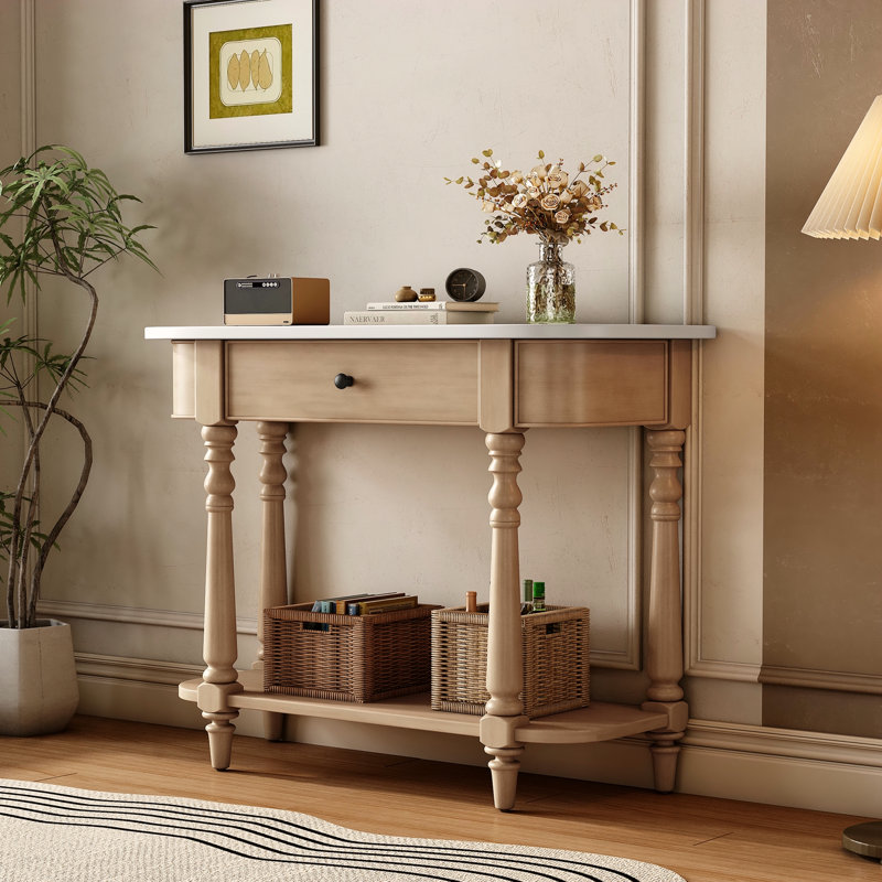 Console étroite avec coin incurvé, Beige, Blanc
