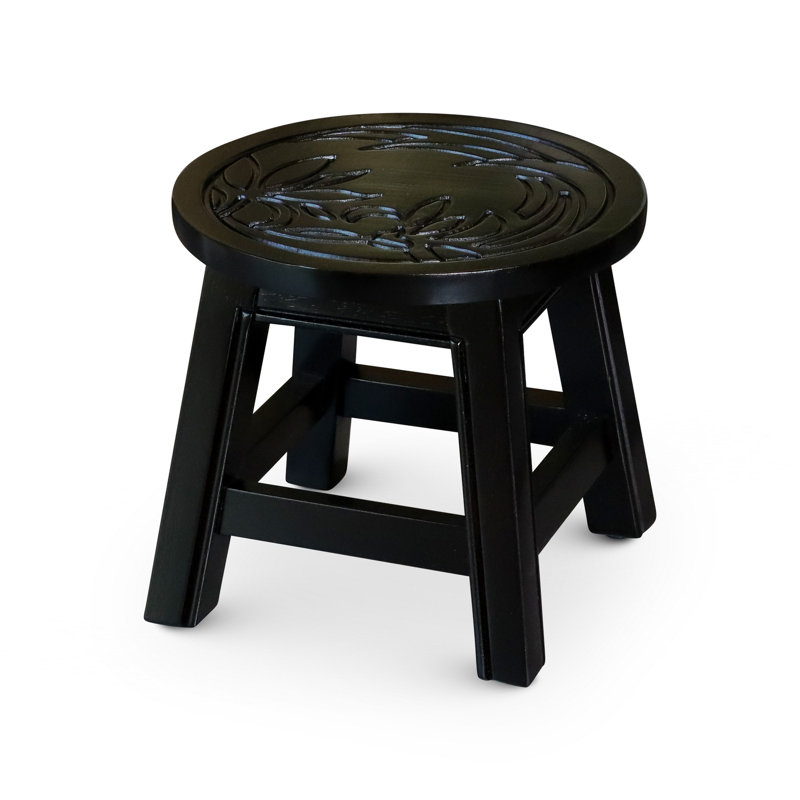Carved Wooden Step Stool, Floral, Natural, Espresso Brown