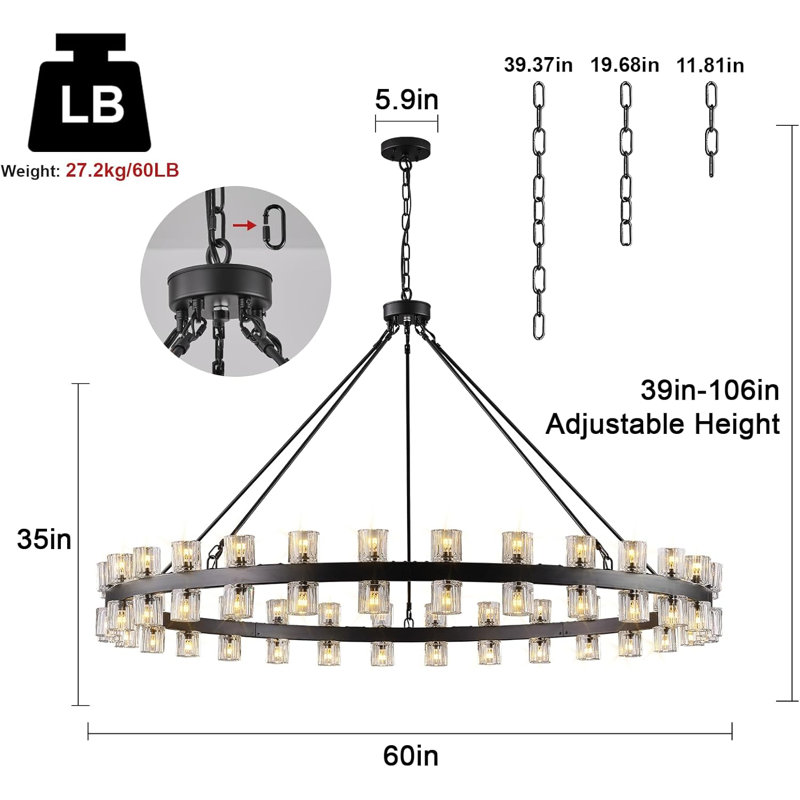 Wagon Wheel Chandelier With Crystal Shade, Matte Black, 60 Lights