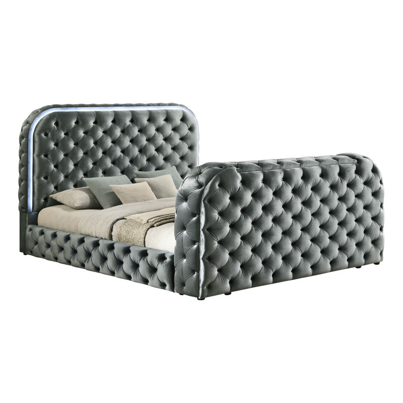 Kana Upholstery Velvet Bed W/LED, Fireplace & TV Stand, Gray, King