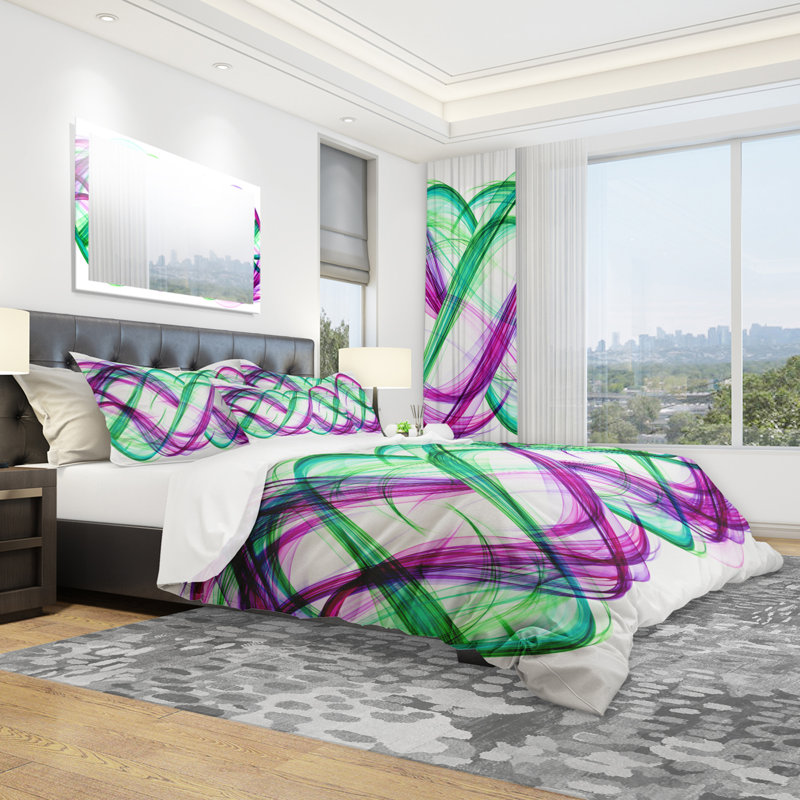 Vert et mauve - Ensemble de housse de couette abstrait - Polyester microfibre, Housse simple + 1 taie décorative