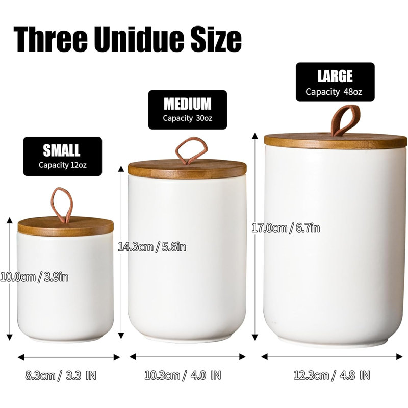 Ensemble de 3 pots en céramique blanche avec couvercle en bois