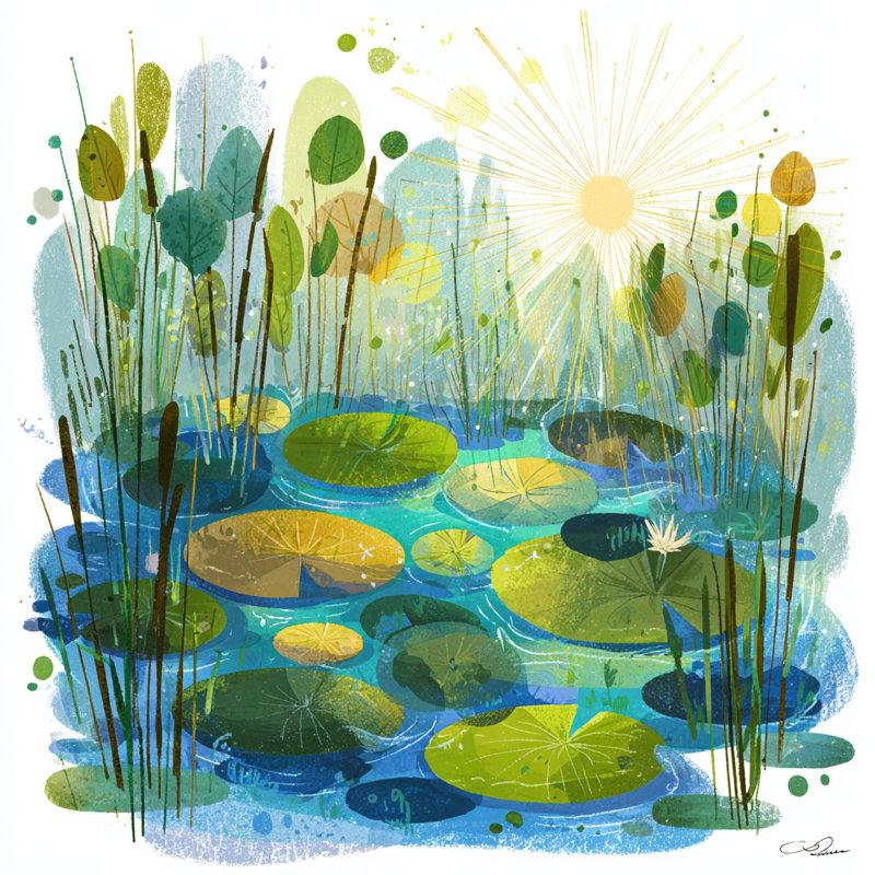 «Golden Sun at Dawn - Sun-Kissed Pond», art mural sur toile, H 20 po x l 20 po