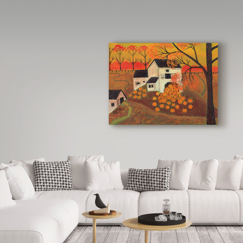 « citrouille grange d’automne folk art », reproduction de peinture à l’acrylique sur toile tendue, H 24 po x l 32 po x P 2 po