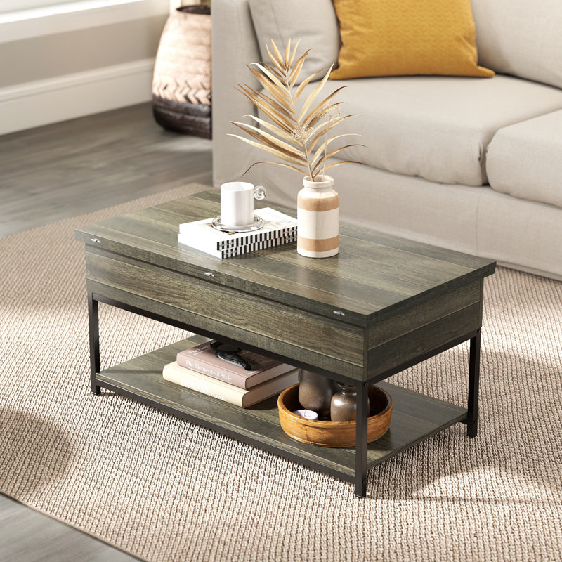 Table basse à plateau relevable 4-en-1 avec rangement caché et tablette ouverte Augus pour le salon, la salle à manger, Gris