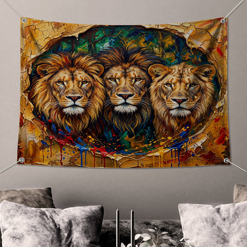 Tapisserie murale «Three Majestic Lions» - décoration murale Lions, 104in H x88 with 4 Grommets