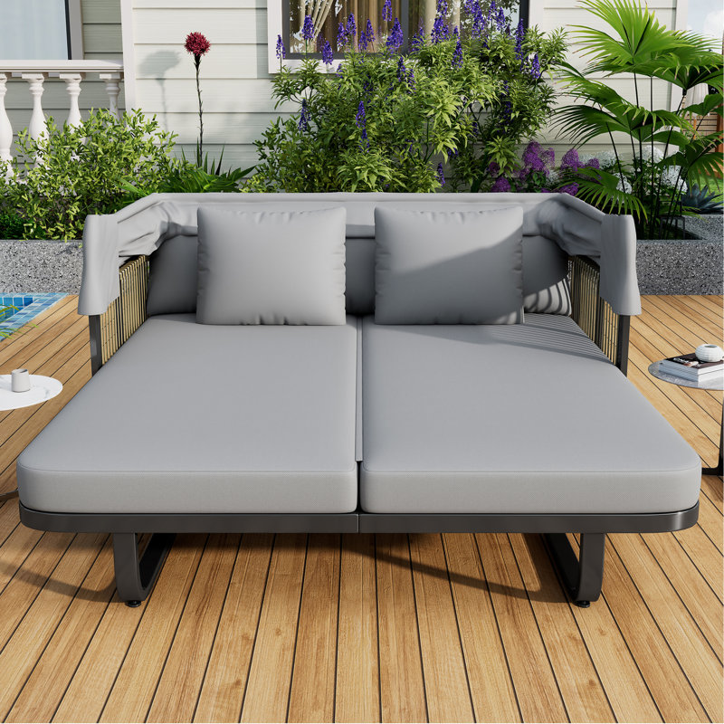 Lit de jour extérieur en rotin avec coussins détachables pour patio, cour arrière, piscine, Gris