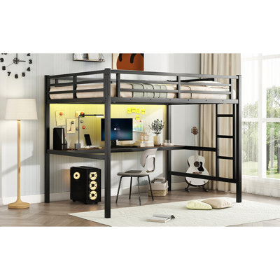 Lit mezzanine en métal noir avec bureau, prise de courant, éclairage à DEL - peu encombrant, caractéristique de réduction du bruit, puissance de loisir pleine grandeur, agréable