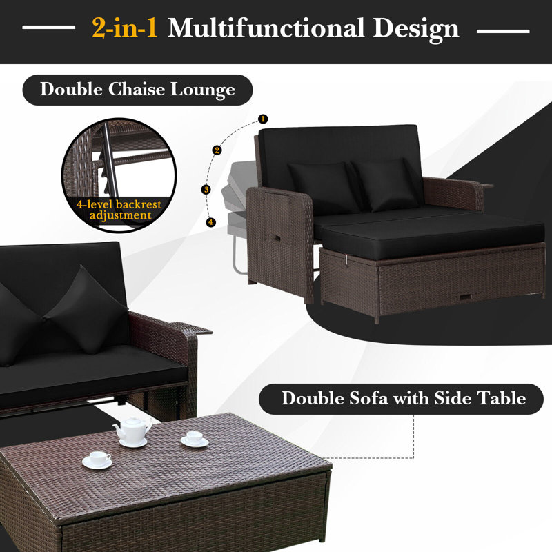 Outdoor Rattan Patio Daybed With Adjustable Backrest & Side Tray, Black, Black