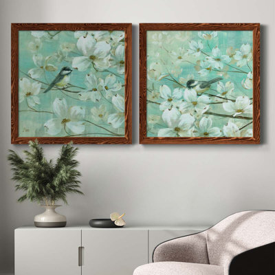 Mésanges et cornouiller - détail I - ensemble de 2 peintures sur toile encadrées