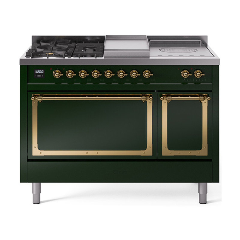 Cuisinière à double combustible ILVE Nostalgie II Series 48 po avec 5 brûleurs scellés, plaque de cuisson et table française (gaz naturel, porte pleine)