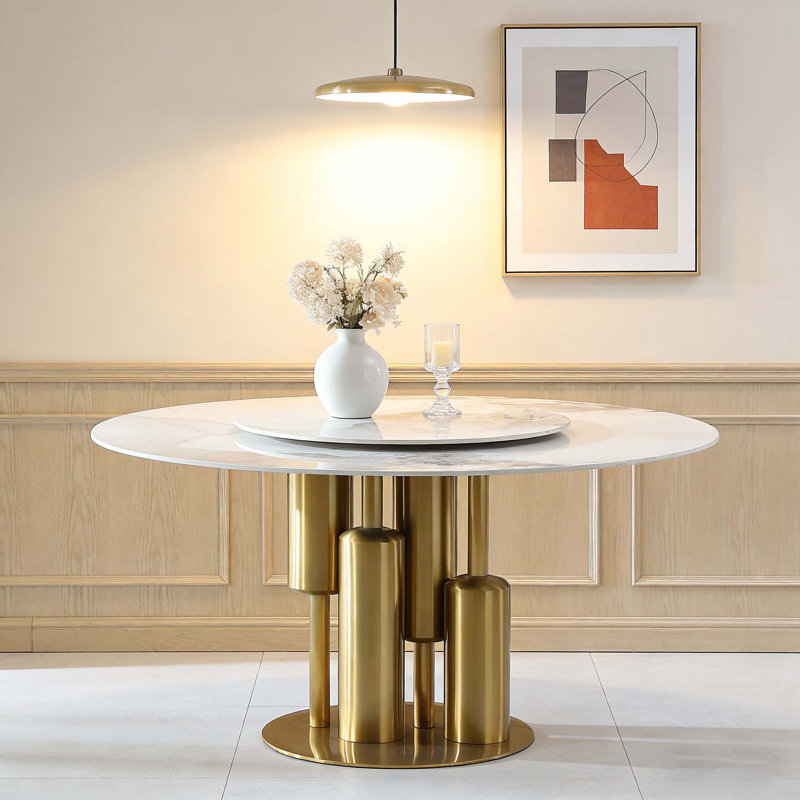 Eco-Friendly 59 Inch Round Sintered Stone Dining Table with Rotating Lazy Susan