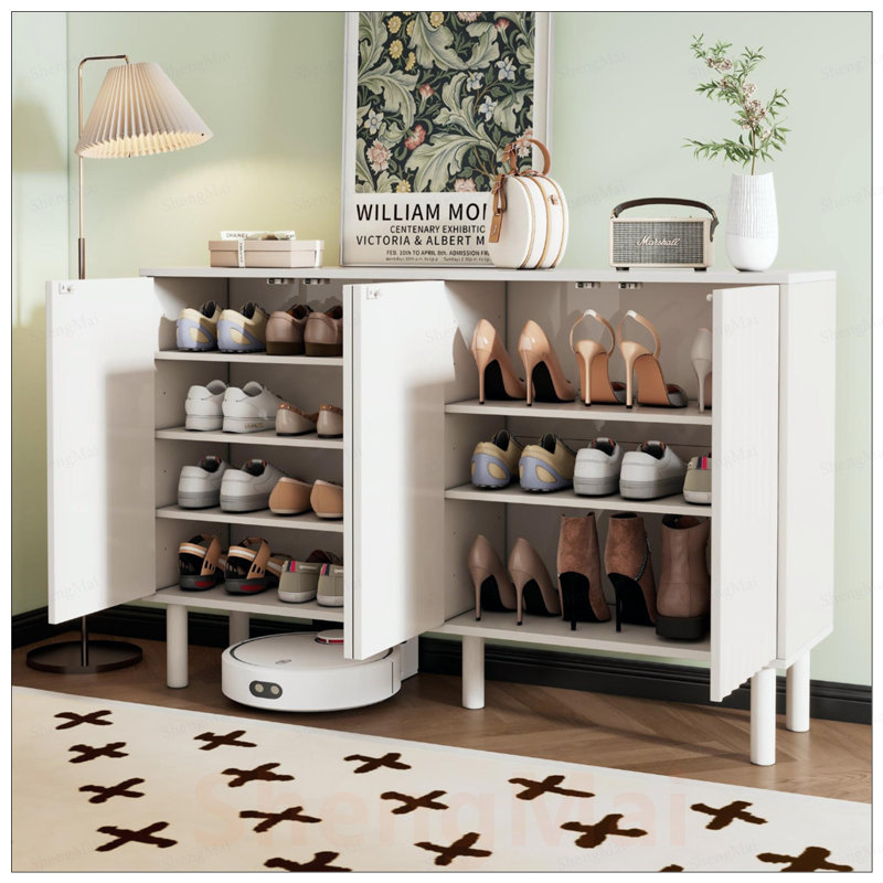 Armoire à chaussures minimaliste avec 5 pieds en bois massif, buffet de style crème, rangement à 4 portes avec tablettes réglables