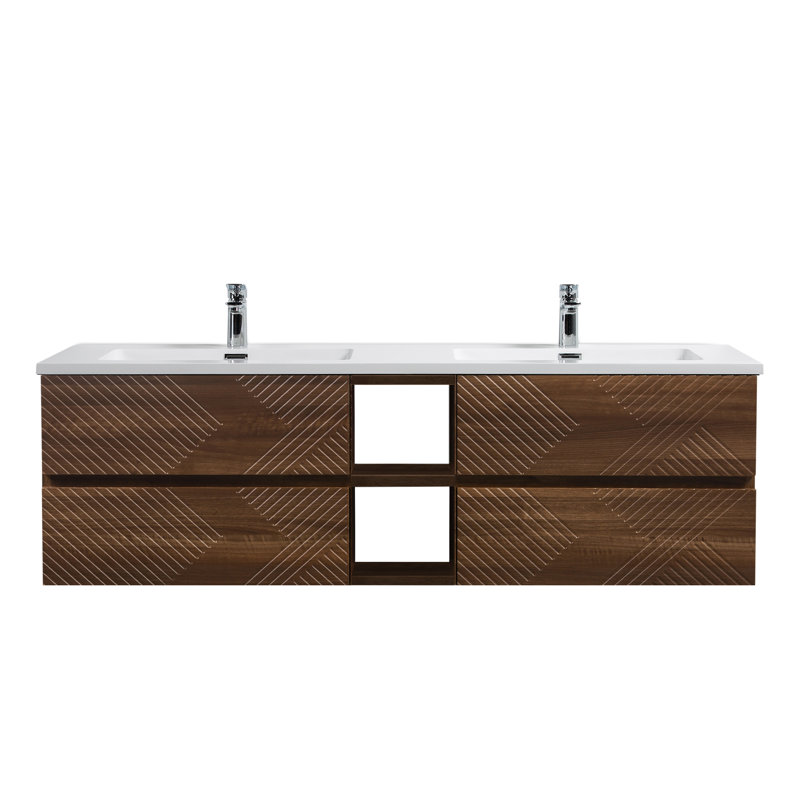 Coakley x 19 po P 4 tiroirs Meuble-lavabo mural avec évier double et Comptoir en Quartz noir d'ingénierie, Blanc