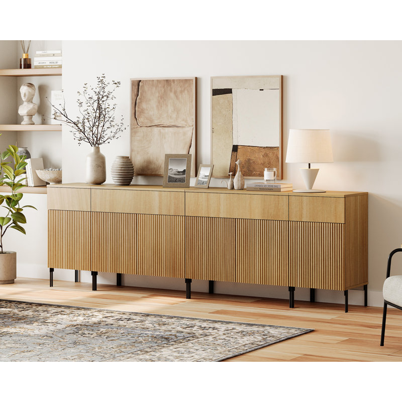 94.5" Reeded Accent Cabinet Set With Charging Station, Modern Credenza Storage Cabinet With Doors And Drawers For Living Room, Kitchen, Dining Room, Hallway