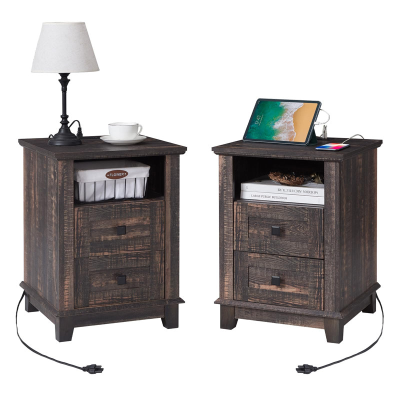 Demitrus 4 - Drawer End Table and Built-In Outlets, Black, Black