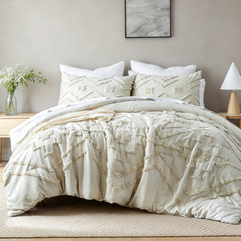 Ensemble de couette 3 pièces beige style bohème tufté pour lit king size, King Comforter + 2 Pillowcases