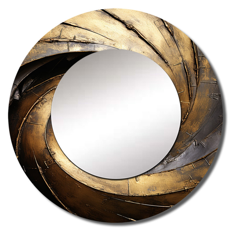 Or noir, tour du temps intemporel - miroir spirales abstraites, miroir mural décoratif rond moderne, impression d'art en métal