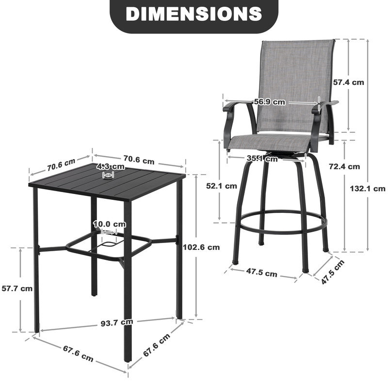 Patio 3-Piece Bar Set with Umbrella Hole, Swivel Textilene Bar Stools
