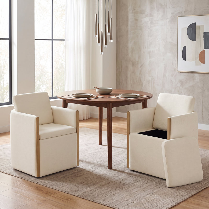 Upholstered Rolling Dining Chair with Under-Seat Storage, Cream